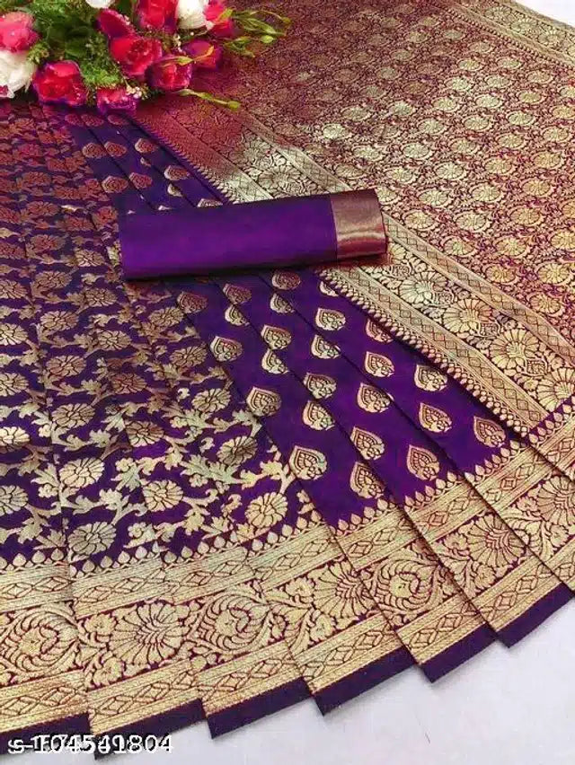 Purple Banarasi Silk Saree with intricate gold zari work and matching blouse for women, traditional 6.3-meter ethnic attire.