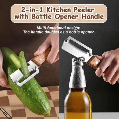 Manual kitchen peeler with wooden handle and built-in bottle opener, ideal for vegetable peeling and opening bottles.