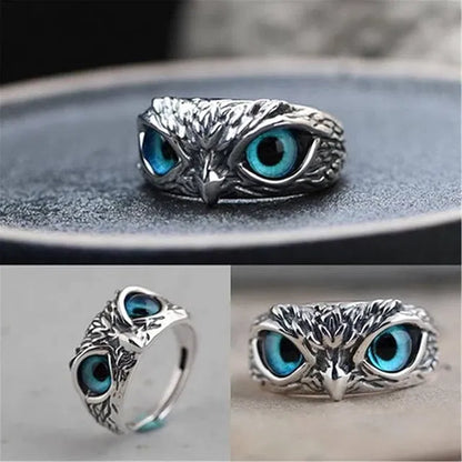 Silver plated owl eye ring for men and women, featuring intricate design, crafted for spiritual and decorative use.