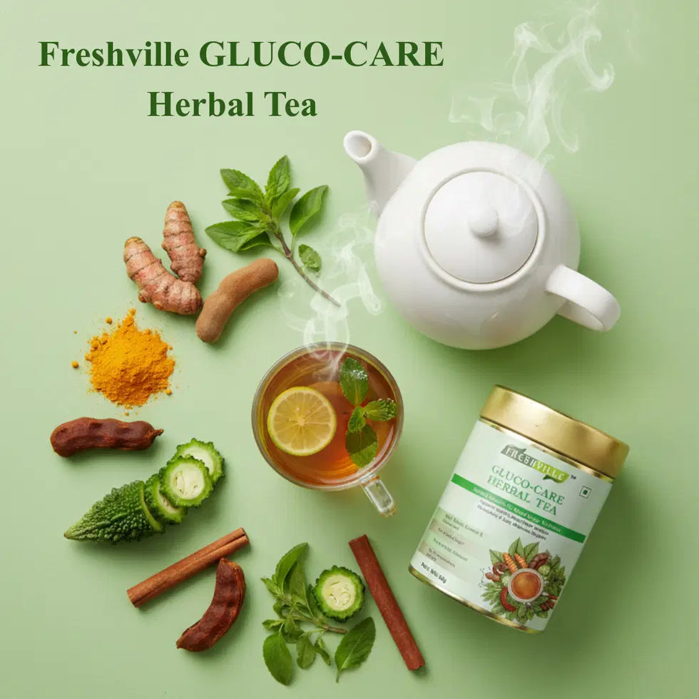 Herbal tea pot with Gluco Care branding, traditional ceramic design for brewing herbal tea for health and wellness.