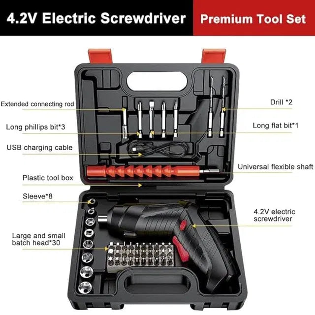 Metal electric screwdriver from 25560 with 47-piece screwdriver bit set, showing the screwdriver and organized bits in the kit.