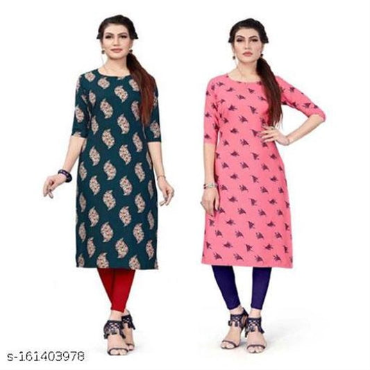 Crepe printed kurti for women, green and pink, size small, featuring traditional design, from 1457 brand, foldable and lightweight.