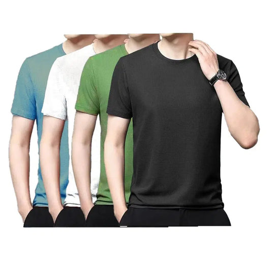 Set of four men's polyester stretchable round neck T-shirts with half sleeves in solid colors, by 1238.