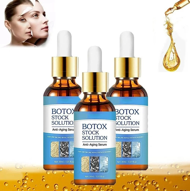 Botox Stock Solution Anti-Ageing Face Serum from 1361, 30 ml massage oil pack, with a sleek bottle and applicator for skincare.