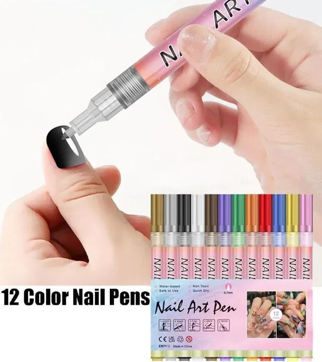 Set of 12 colorful Nail Art Pens from 19378, ideal for creating detailed nail designs and intricate artwork.
