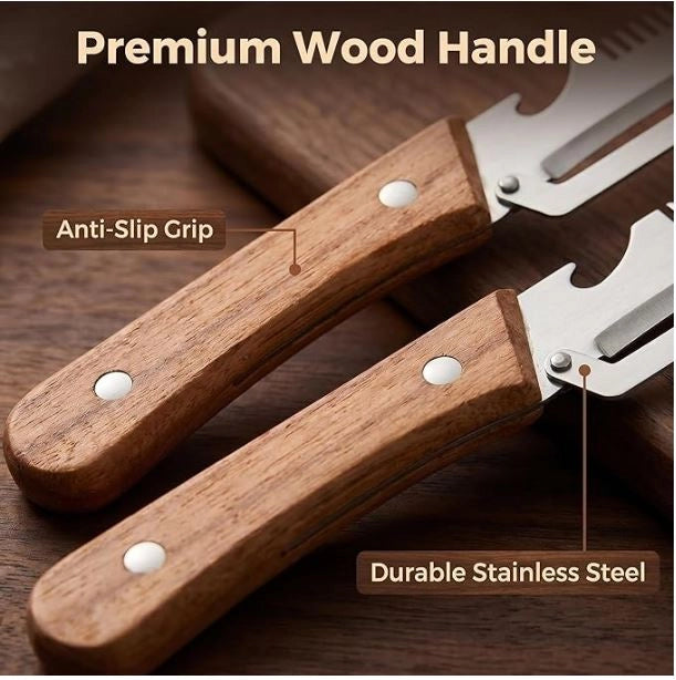 Three-in-one vegetable peeler with wooden handle, versatile kitchen tool from 35561 brand, in a single pack.