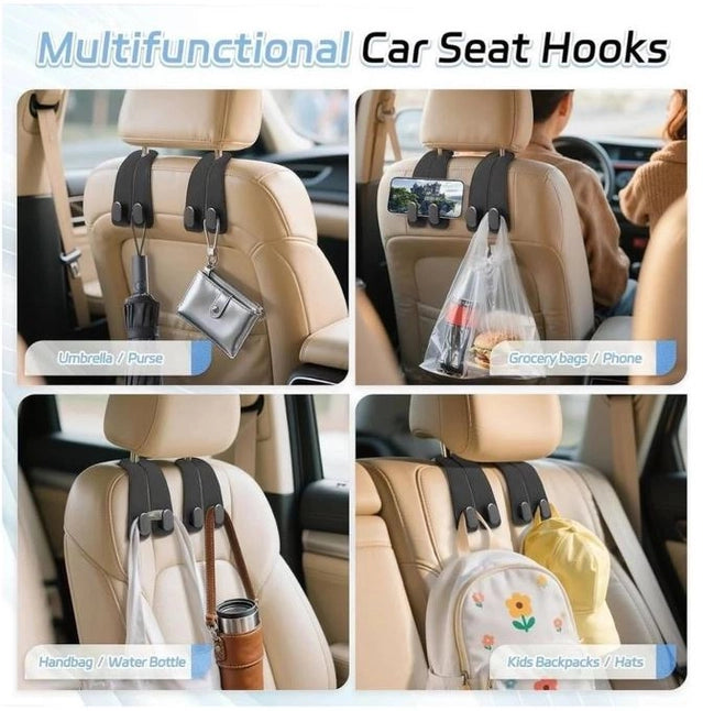 Pair of 19381 PU leather car seat headrest hooks for organizing bags and accessories in vehicles.
