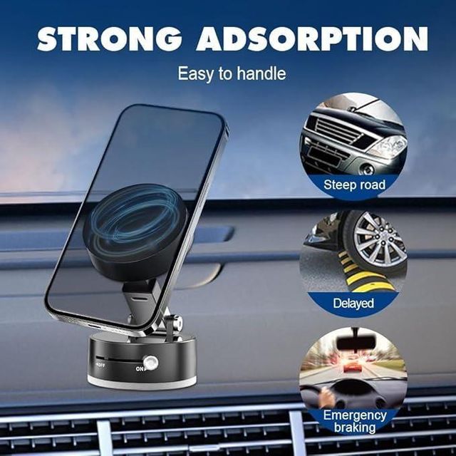 Magnetic suction phone holder for cars, black car mobile holder with secure magnetic grip, compatible with various smartphones.