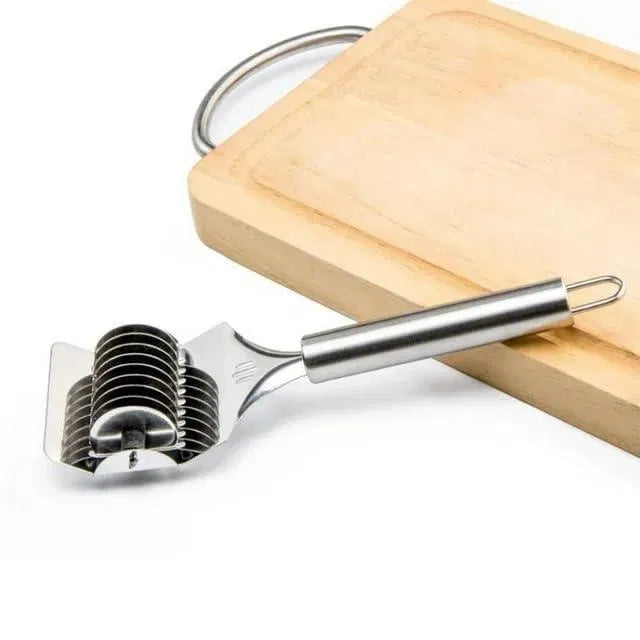 Stainless steel handheld dough and noodle pasta cutter tool from 30969 kitchen tool set, with a handle and adjustable blades.