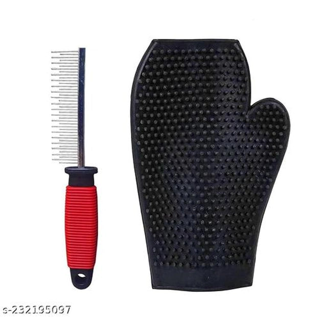 Set of two pet grooming tools including a stainless steel comb and multicolor grooming gloves for pets.