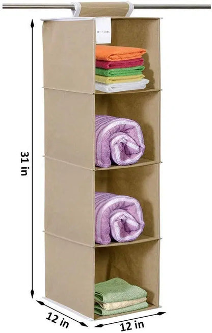Hanging cloth organizer with four shelves for wardrobe storage, featuring fabric compartments for clothing and accessories.