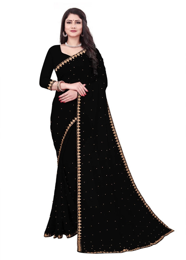 Black lycra blend solid saree for women, 6.3 meters, stylish traditional attire with elegant drape and smooth fabric.