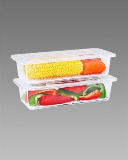 Two clear fridge storage containers boxes from 16699, ideal for organizing pantry and fridge with secure lids.