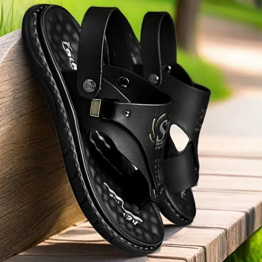 Men's casual synthetic leather sandal in black featuring open-toe design and adjustable straps, by brand 34608.