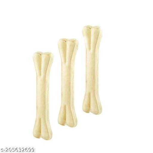 Rawhide bone treats for pets, shown in a pack of three, with a soft pet bed in the background, from brand 15929.