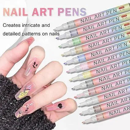 Set of 12 colorful nail art pens for detailed nail designs, featuring fine tips for precise decorating on nail surfaces.