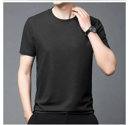 Set of four men's polyester stretchable solid round neck T-shirts with half sleeves, in various colors, by 1238.