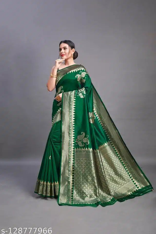 Green Banarsi silk saree for women, 6.3 meters, featuring traditional intricate patterns and luxurious fabric.