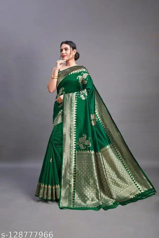 Green Banarsi silk saree for women, 6.3 meters, featuring traditional intricate patterns and luxurious fabric.