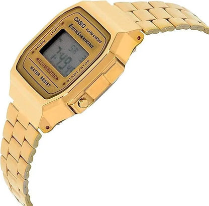 Casio unisex men's digital watch with black strap and digital display, showing time and date.