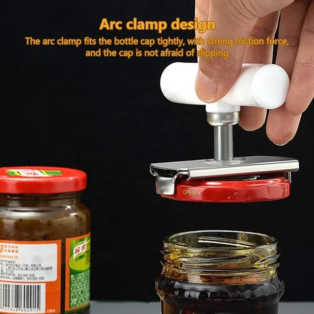 Manual can opener with bottle lid opener function, branded 4485, showing its durable metal construction and ergonomic handle.