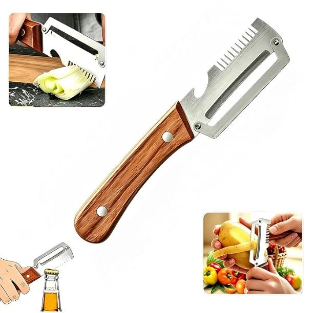 35561 3-in-1 vegetable peeler with wooden grip showing multiple peeling blades and ergonomic handle for versatile kitchen use