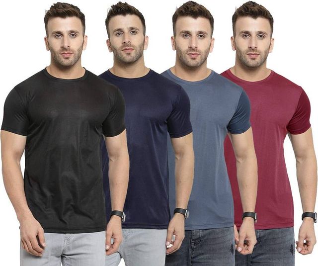 Set of four men's T-shirts from 18537, featuring casual styles in various colors displayed on hangers.