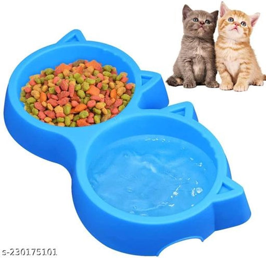 Multicolor plastic double feeding bowls for cats and dogs, compact size S, suitable for pet food and water.