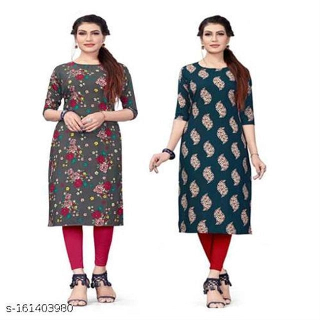 Two crepe printed kurtis for women in grey and teal, size S, by 1457, featuring stylish designs on a black background.