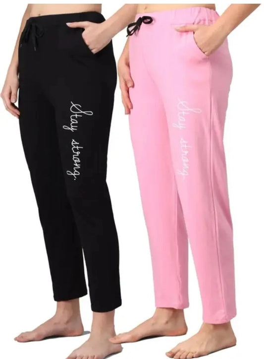 Black and pink cotton blend straight fit women's trousers, size M, shown in a pack of two, stylish and comfortable for everyday wear.