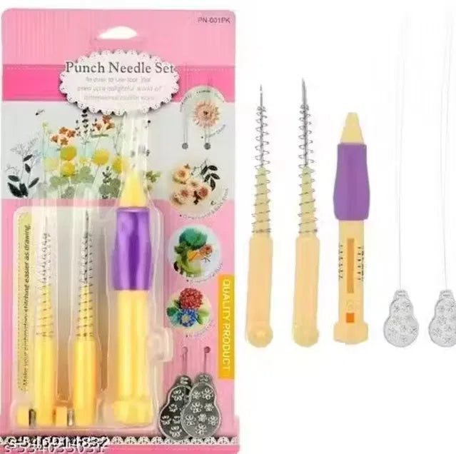 Embroidery punch needle pen set with three sizes for knitting, crochet, and felting, featuring colorful punch needles.