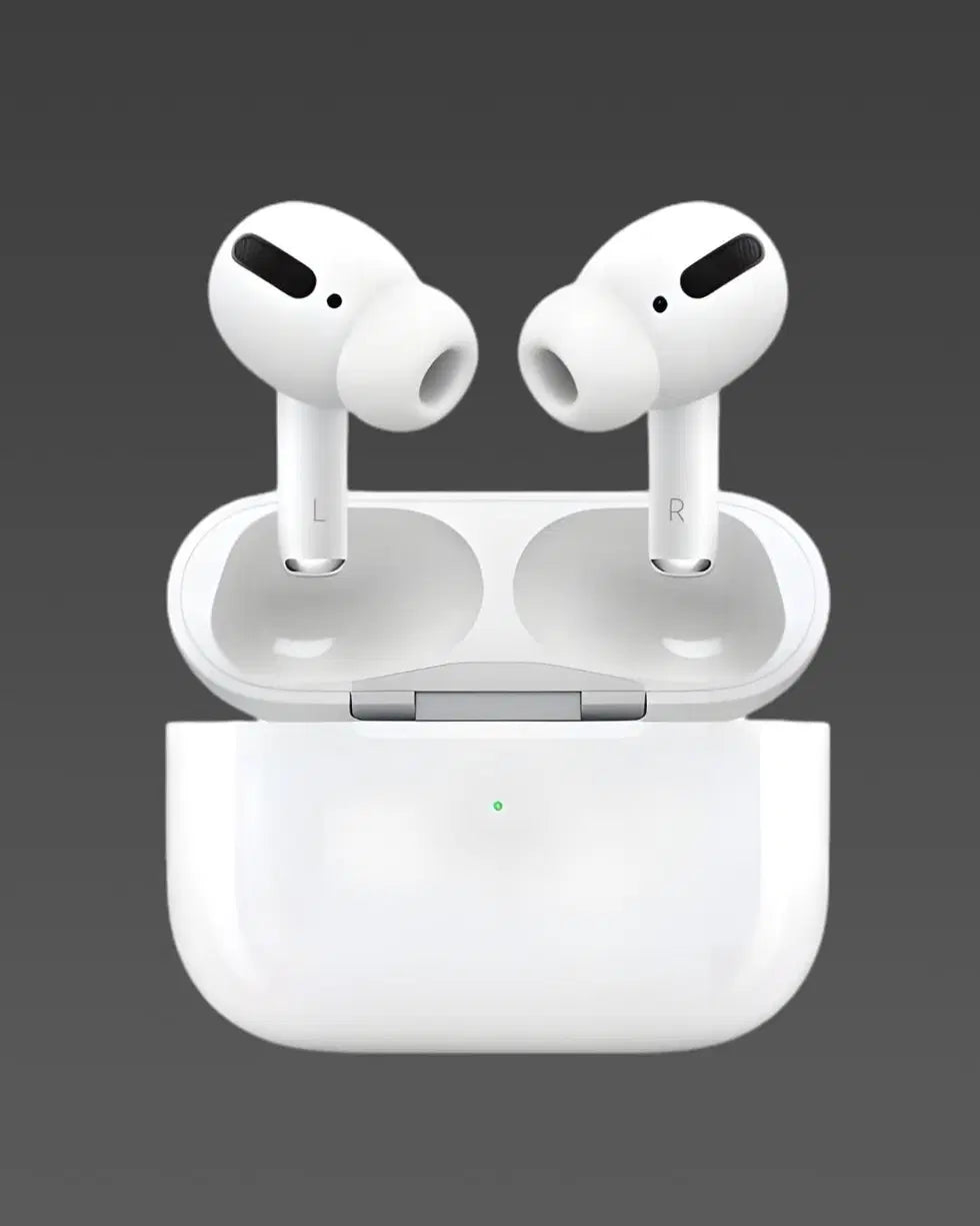White 1238 AirPods Pro with wireless charging case and sensor-enabled Bluetooth earbuds in close-up view.