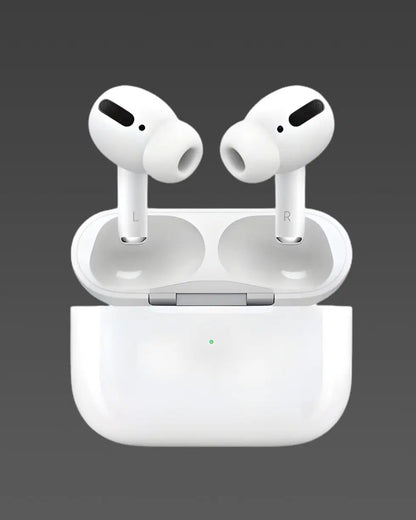 White 1238 AirPods Pro with wireless charging case and sensor-enabled Bluetooth earbuds in close-up view.