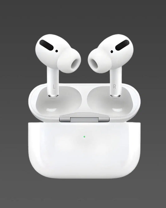 White 1238 AirPods Pro with wireless charging case and sensor-enabled Bluetooth earbuds in close-up view.