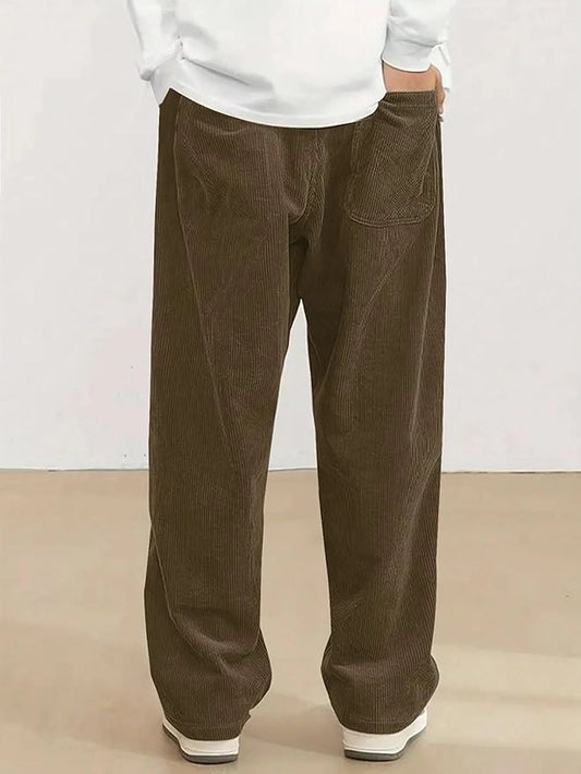 Boys corduroy casual pants by 25976 with loose fit wide leg design, elastic waistband, and drawstring for comfortable wear.