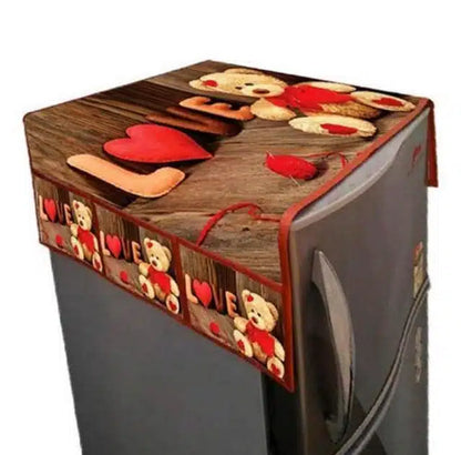Brown knit printed fridge cover set with top cover, designed to fit standard refrigerators, by 6201.