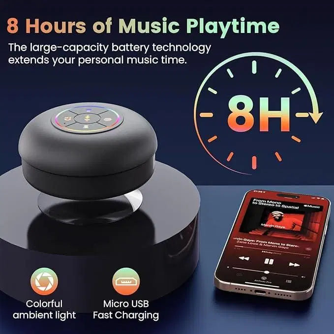 Large waterproof Bluetooth speaker with suction cup from 1238, showing the sleek black design and waterproof features.
