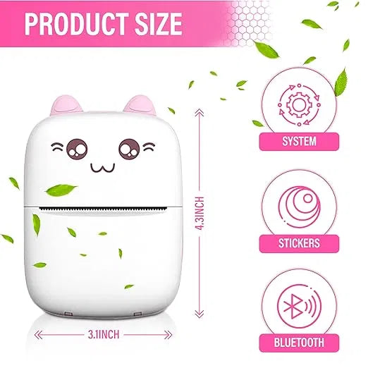 Black and white portable Bluetooth mini thermal printer for students, showing compact design with USB connection and rechargeable battery