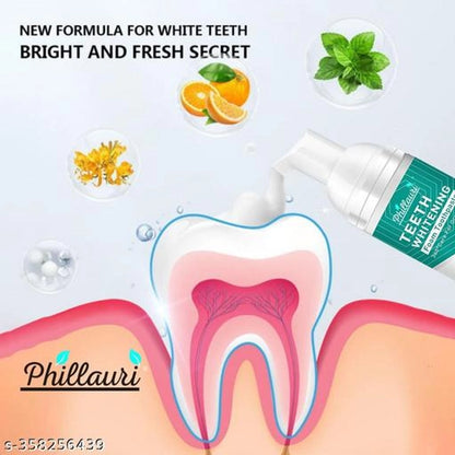 14235 Phillauri Teeth Whitening Foam in 60 ml bottle, close-up of the foam applicator and product label on a white background