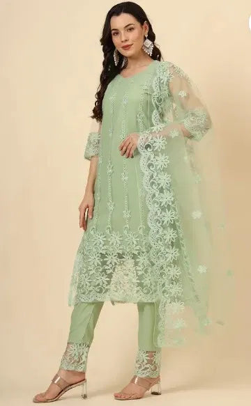 Elegant women's kurta set with matching dupatta and bottomwear, featuring traditional design and vibrant colors.