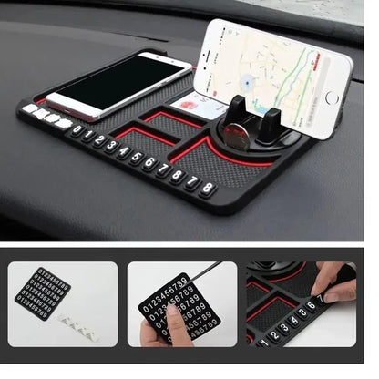 Car mobile holder from 18049 attached to a car dashboard, securely holding a smartphone in place.