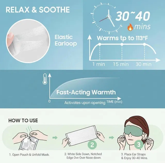 Relaxing steam eye mask pack of 2 by 13162, showing the soft fabric and soothing design for eye relaxation.