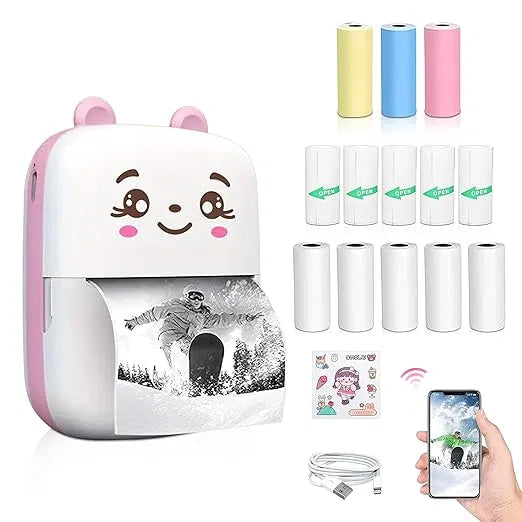 Black Bluetooth mini inkless thermal printer for students with rechargeable battery, portable wireless printer for Android and iOS devices.