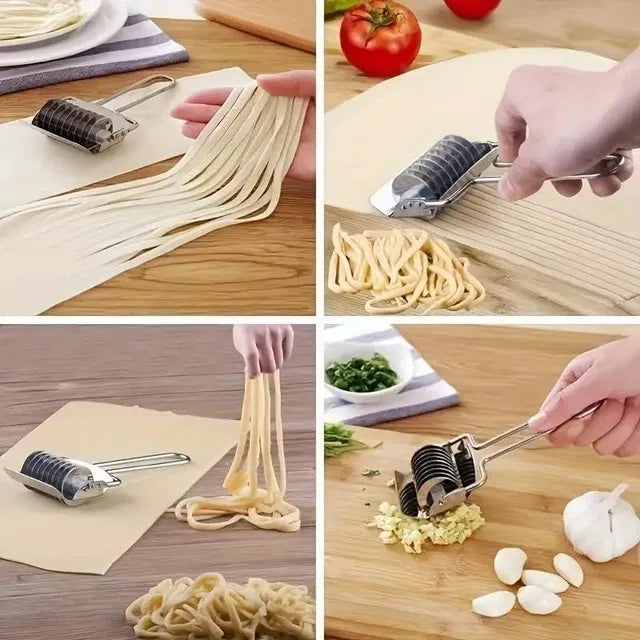 Stainless steel handheld dough and noodle cutter tool from 30969 kitchen tool set, featuring a manual pasta cutter with a handle.