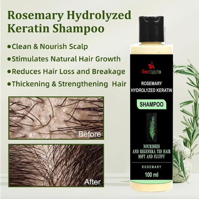 Rosemary Hydrolyzed Keratin Shampoo 100 ml, two bottles, suitable for creams, gels, and sprays, with rosemary and keratin ingredients.
