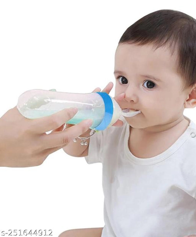 Blue 90ml plastic feeder bottle for babies, suitable for pets, with a secure nipple and compact design for easy feeding.