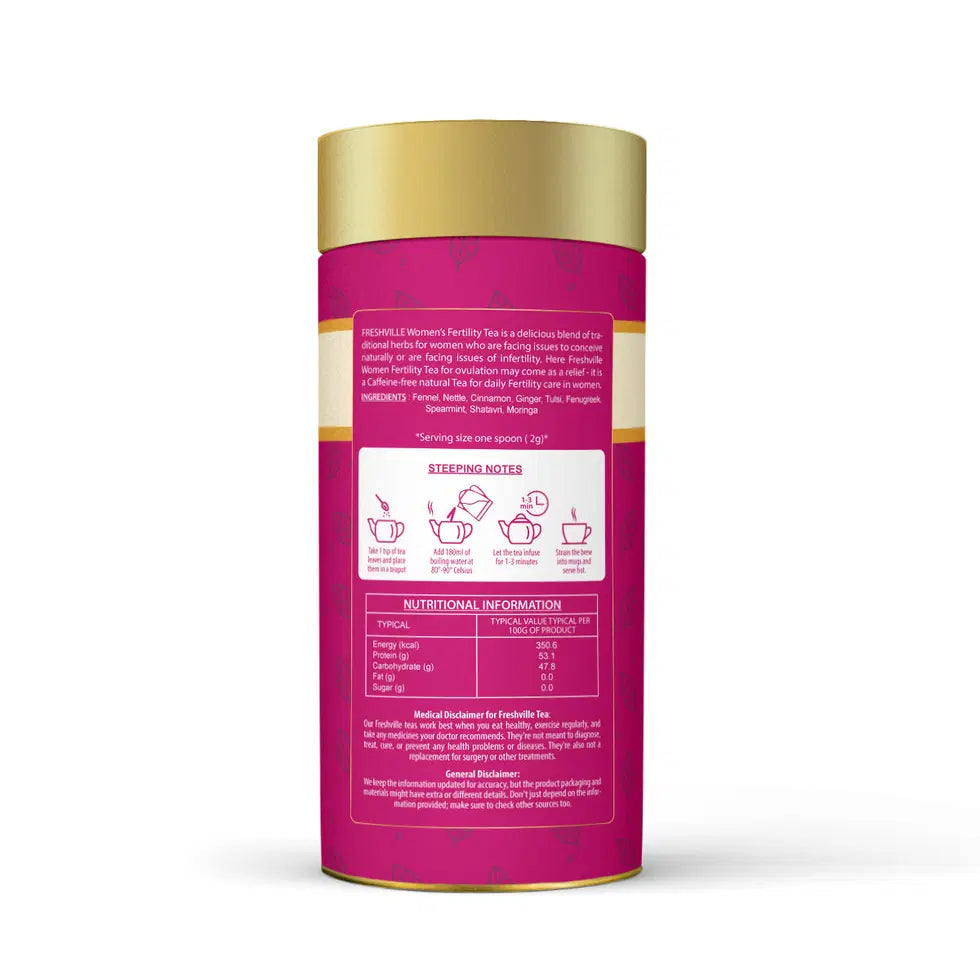 Freshville Women Fertility Tea in a stylish tea pot, showcasing the herbal tea blend designed to support women's reproductive health.