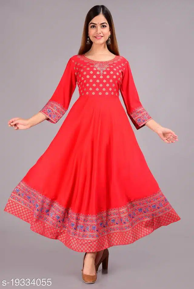Red rayon printed Anarkali Kurti for women, size small, featuring intricate patterns and traditional design.