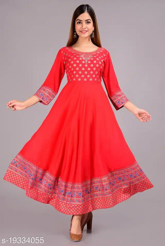 Red rayon printed Anarkali Kurti for women, size small, featuring intricate patterns and traditional design.