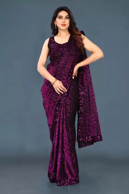 Purple lycra blend solid women's saree with intricate border, draped on a mannequin, 6.3 meters in length, from brand 6706.